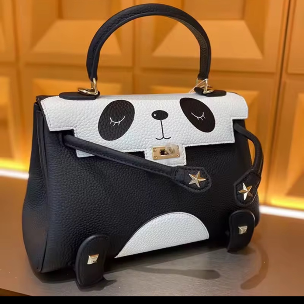 Black and White genuine leather mini Panda Design Handbag - Picture 5 of 14